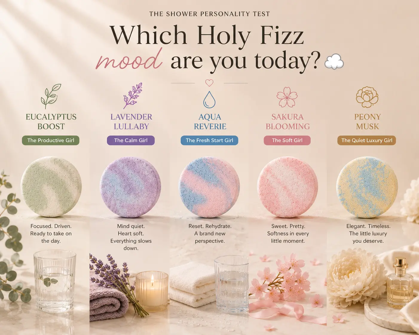 Holy Fizz shower steamer mood quiz with 5 scent personalities on beige background