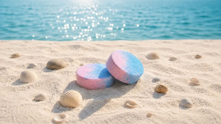 Holy Fizz Aqua Reverie pink and blue shower steamers on white sand beach with seashells and turquoise ocean in background