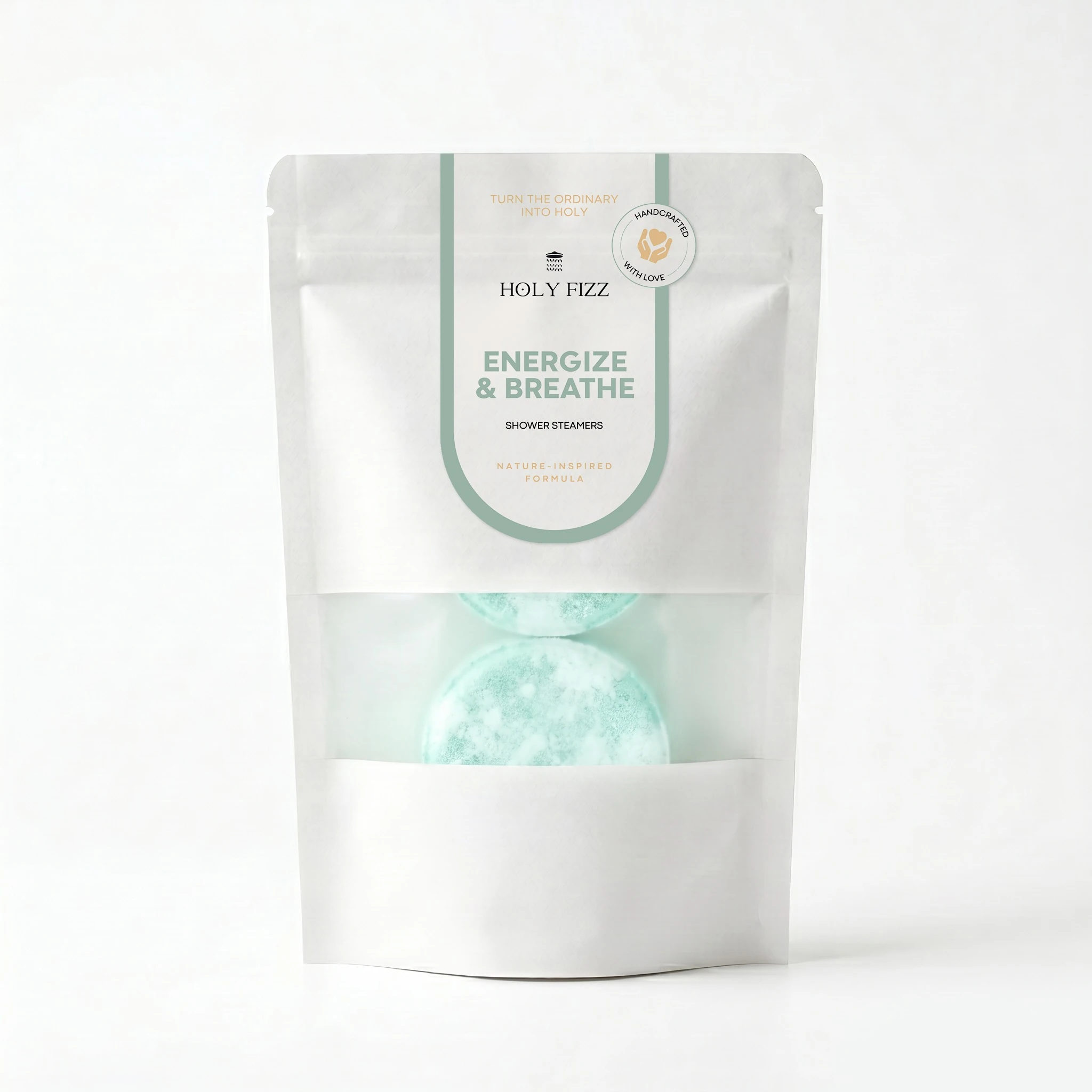 Holy Fizz Eucalyptus Boost Energize and Breathe Shower Steamers official white zip bag packaging handcrafted nature-inspired formula