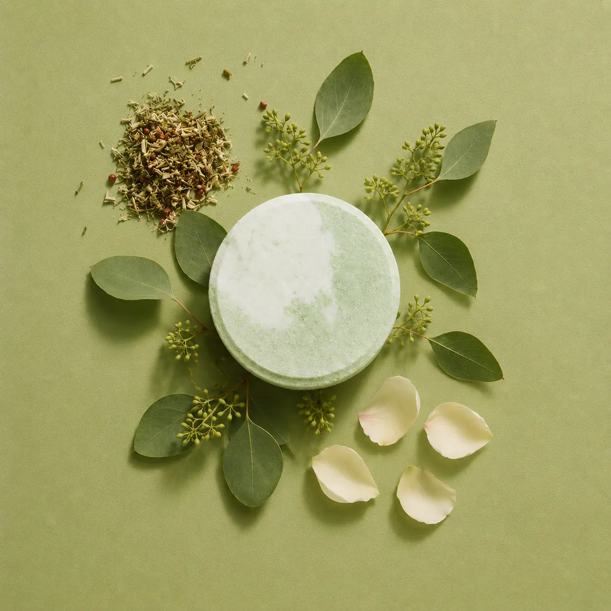 Holy Fizz Eucalyptus Boost Shower Steamer green disc surrounded by eucalyptus leaves and dried herbs nature-inspired aromatherapy