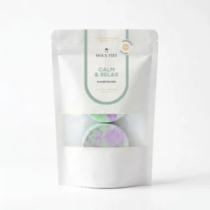 Holy Fizz Lavender Lullaby Calm and Relax Shower Steamers official white zip bag packaging purple green handcrafted nature-inspired