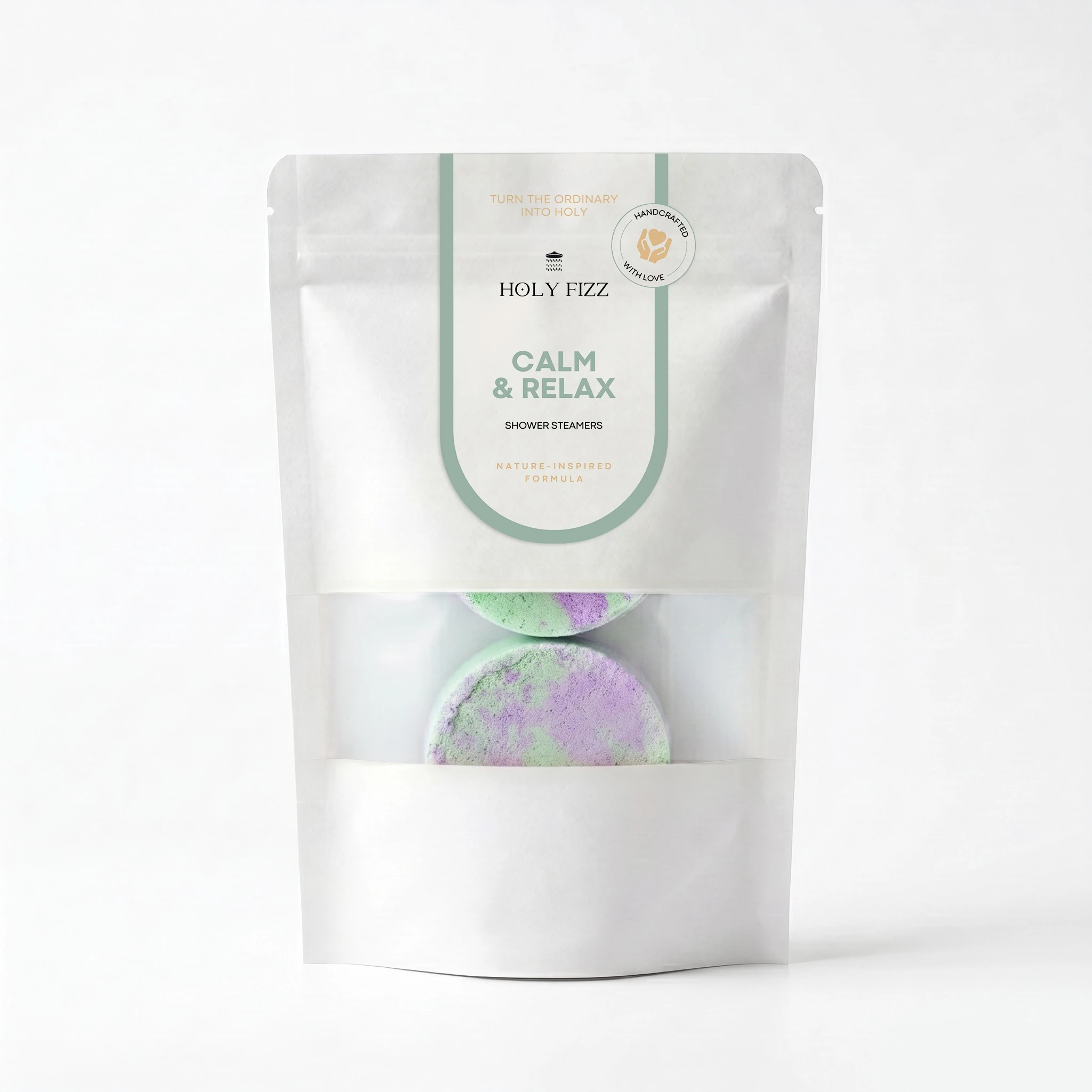 Holy Fizz Lavender Lullaby Calm and Relax Shower Steamers official white zip bag packaging purple green handcrafted nature-inspired