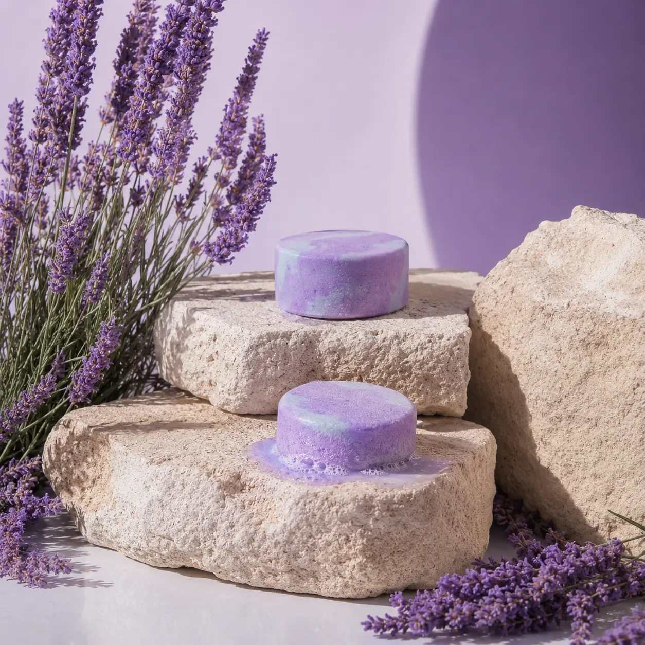 Holy Fizz Lavender Lullaby Shower Steamer two purple pieces on natural stone steps with fresh lavender sprigs purple background home spa