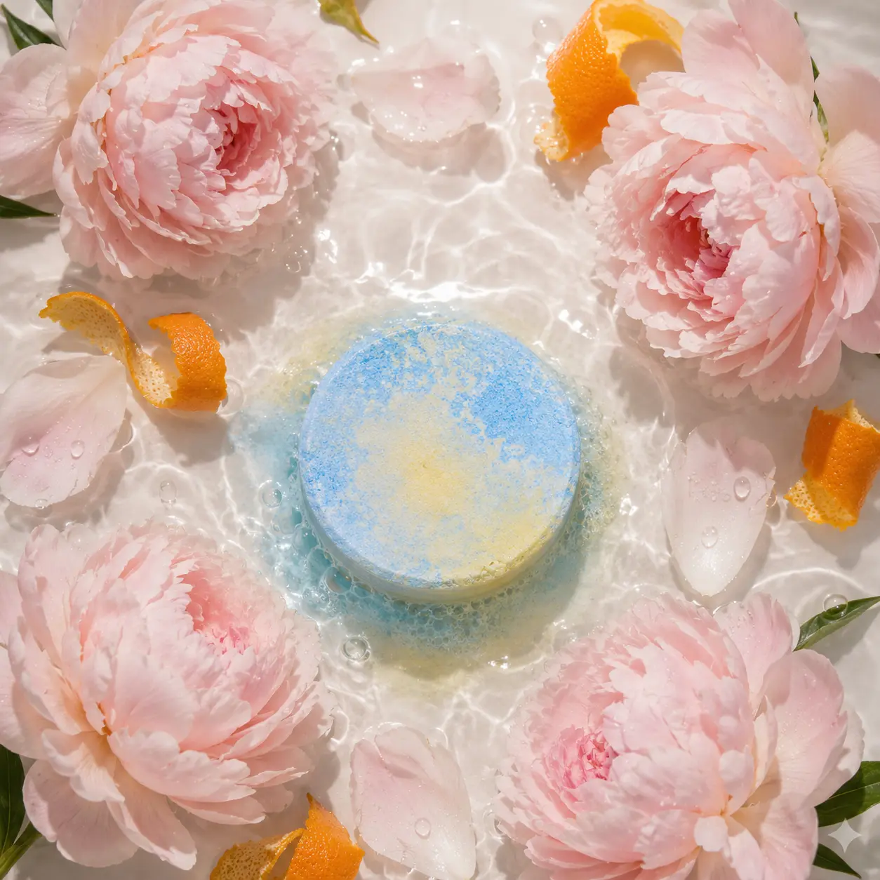 Holy Fizz Peony Musk Shower Steamer blue and yellow disc dissolving in water surrounded by pink peony flowers orange peel home spa