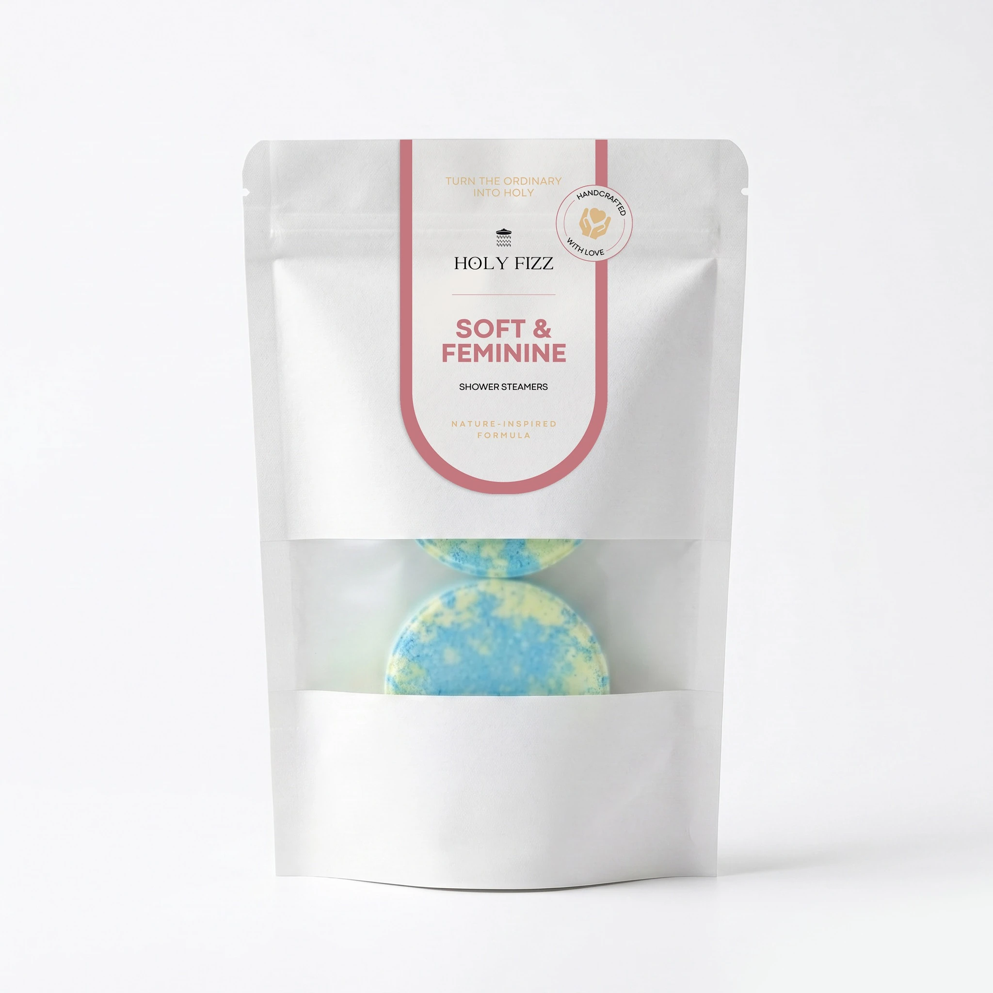 Holy Fizz Peony Musk Soft and Feminine Shower Steamers official white zip bag packaging handcrafted nature-inspired formula