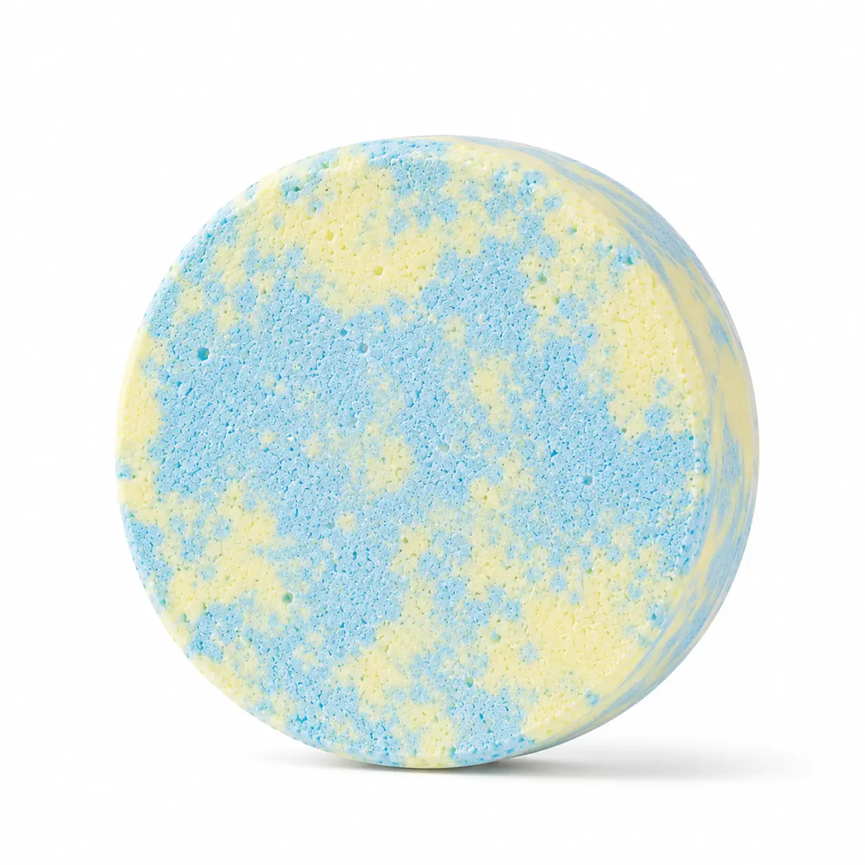 Holy Fizz Peony Musk shower steamer in pastel blue and pale yellow