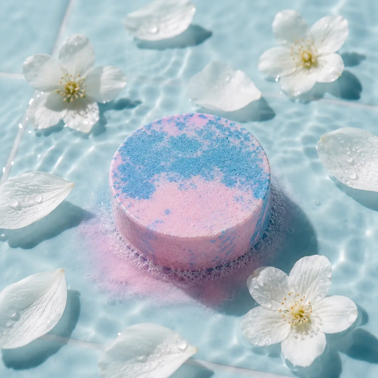 Holy Fizz Aqua Reverie Shower Steamer pink and blue dissolving in water with white flowers aromatherapy home spa