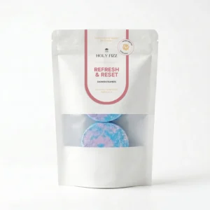 Holy Fizz Aqua Reverie Refresh & Reset Shower Steamers official white zip bag packaging handcrafted