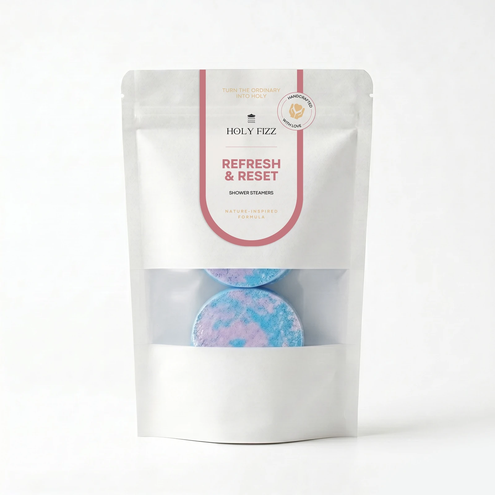 Holy Fizz Aqua Reverie Refresh & Reset Shower Steamers official white zip bag packaging handcrafted