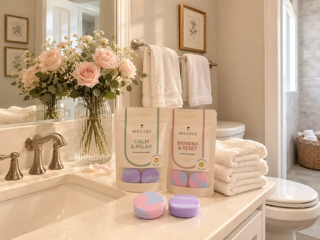 Shower Steamer Holy Fizz กลิ่น Calm & Relax และ Refresh & Reset จัดวางในห้องน้ำสไตล์สปา พร้อมดอกไม้และผ้าขนหนู