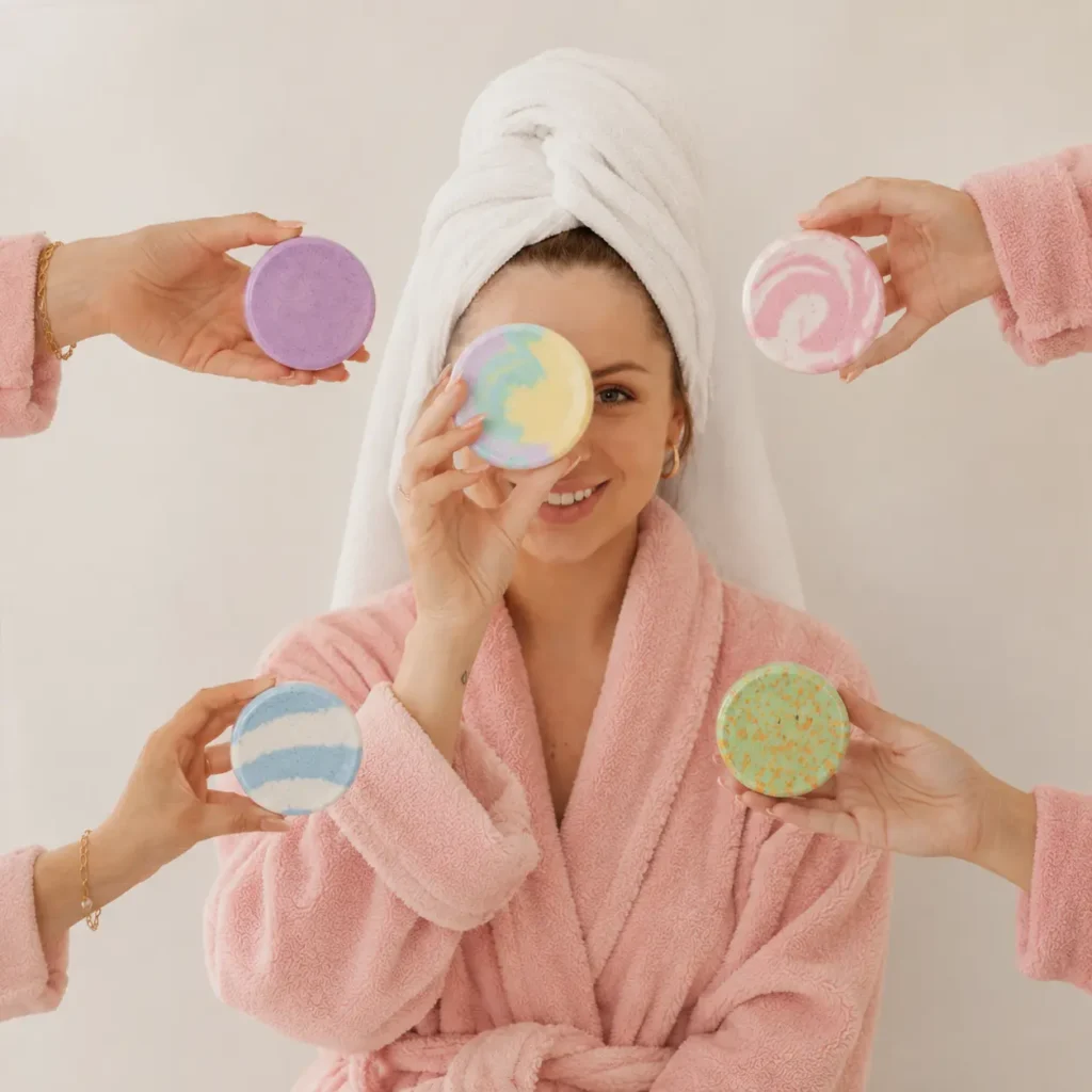 Holy Fizz shower steamers held around a woman in a pink robe during a self-care spa routine