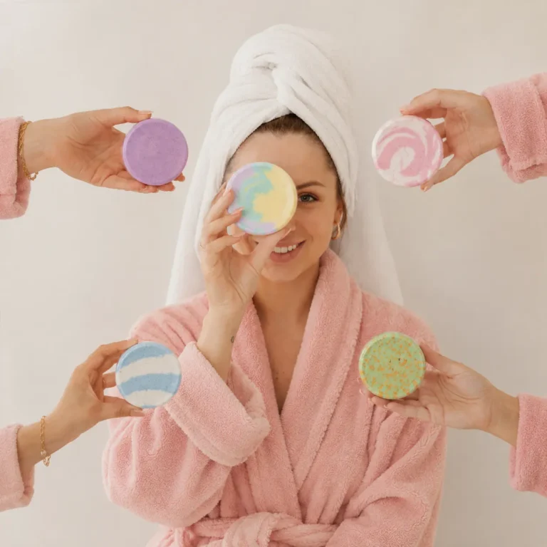 Holy Fizz shower steamers held around a woman in a pink robe during a self-care spa routine