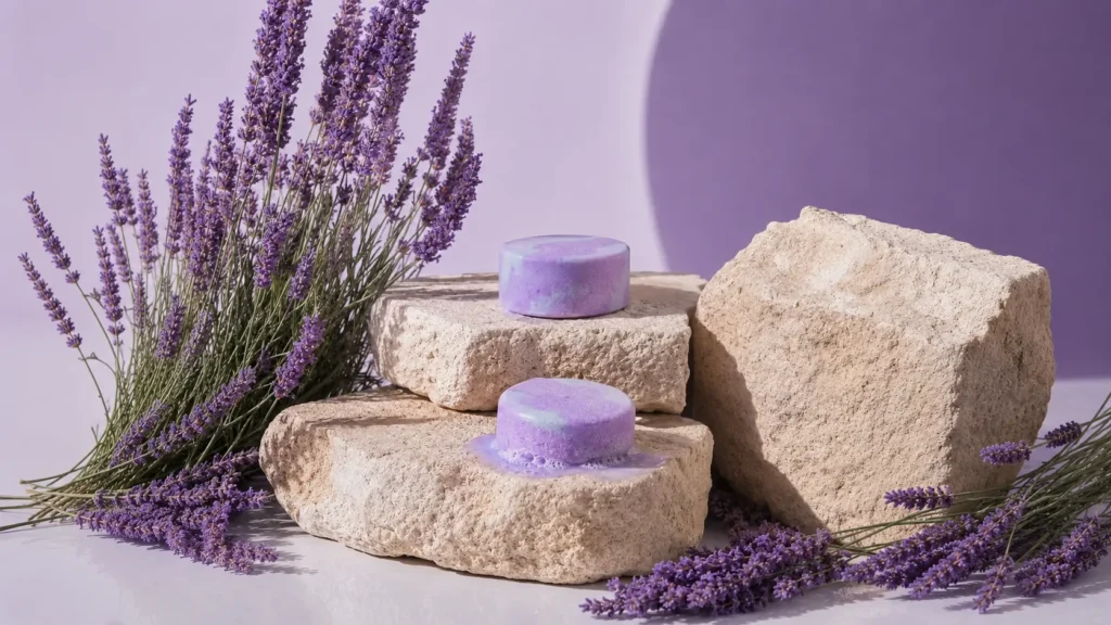 Holy Fizz Lavender Lullaby purple shower steamers displayed on natural stone pedestals with fresh lavender sprigs on lilac background