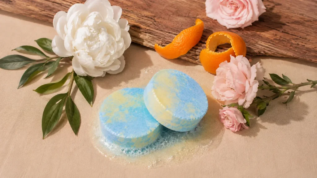 Holy Fizz Peony Musk blue and yellow shower steamers fizzing beside white peony, pink roses, orange peel and green leaves on linen