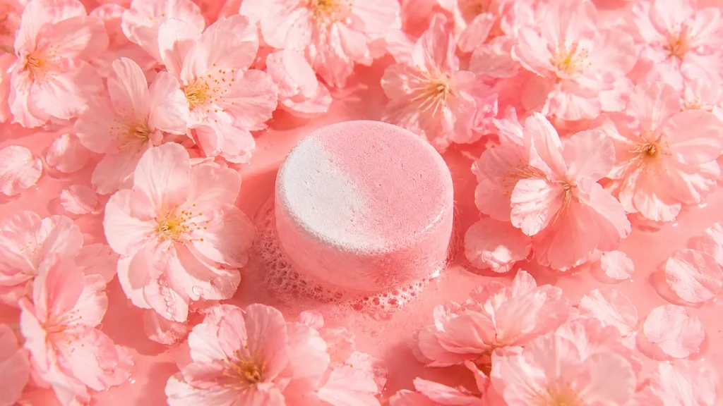 Holy Fizz Sakura Blooming shower steamer fizzing among fresh pink cherry blossom flowers on pink background
