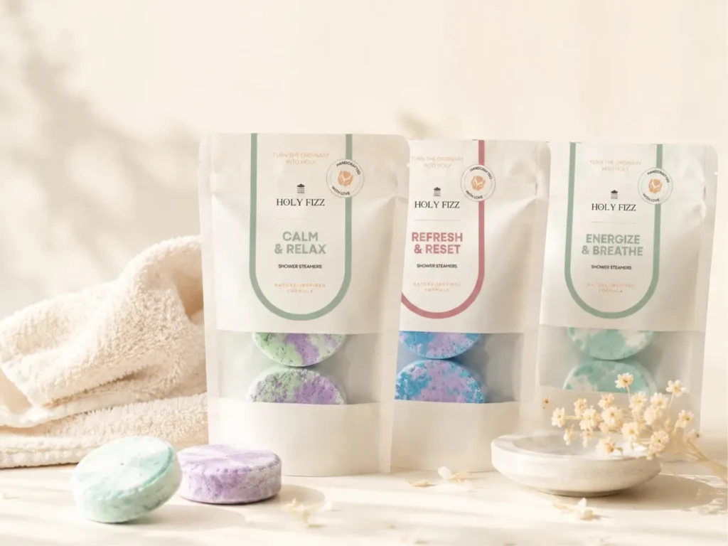 ซองผลิตภัณฑ์ Holy Fizz Shower Steamer 3 กลิ่น Calm & Relax, Refresh & Reset และ Energize & Breathe วางคู่กับผ้าขนหนูและก้อนอโรม่าสีเขียวมิ้นต์และม่วง