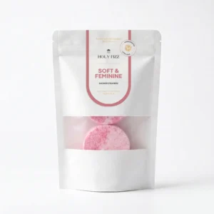 Holy Fizz Cherry Blossom Bloom Soft & Feminine shower steamers official white zip bag packaging in pink with nature inspired formula