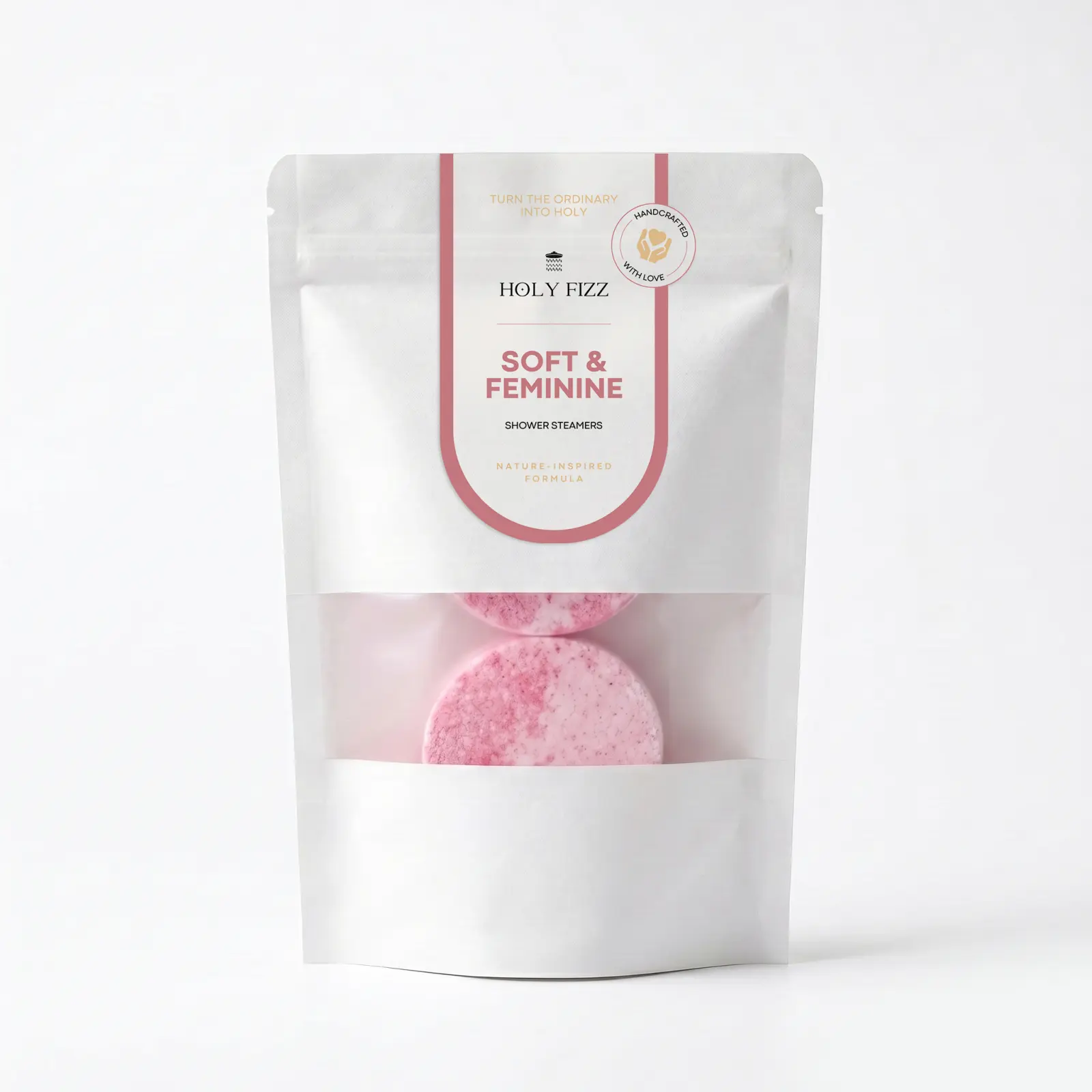 Holy Fizz Cherry Blossom Bloom Soft & Feminine shower steamers official white zip bag packaging in pink with nature inspired formula