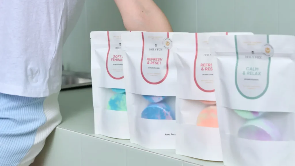 Holy Fizz shower steamers collection featuring Soft & Feminine, Refresh & Reset, and Calm & Relax varieties