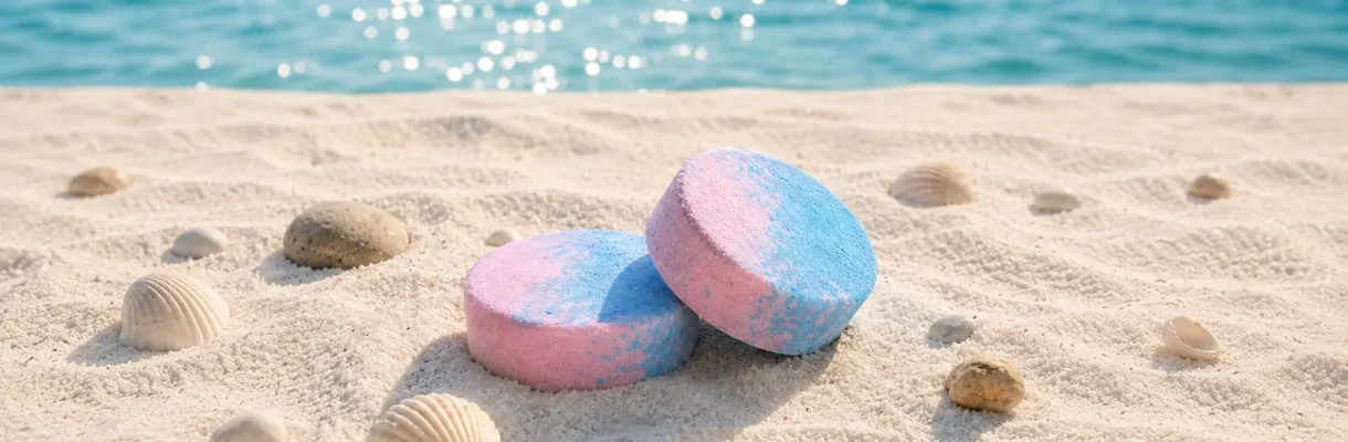 Holy Fizz Aqua Reverie pink and blue shower steamers on white sand beach with seashells and turquoise ocean in background
